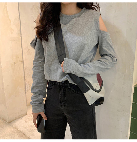Cut Off Shoulder Long Sleeve Casual Shirt