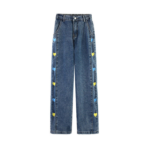 Color Heart Side Pattern Embroidery Jeans