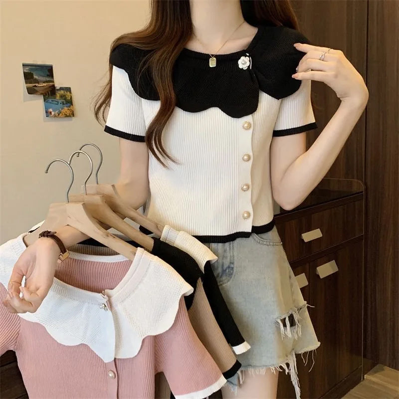 Short Sleeve Contrast Combined Colors Slim Shirt
