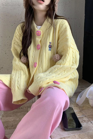 Long Sleeve Cute Yellow Knitted Cardigan Sweater