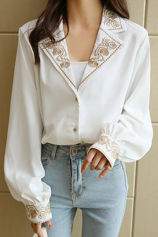 Retro Floral Embroidered Office Blouse Shirt