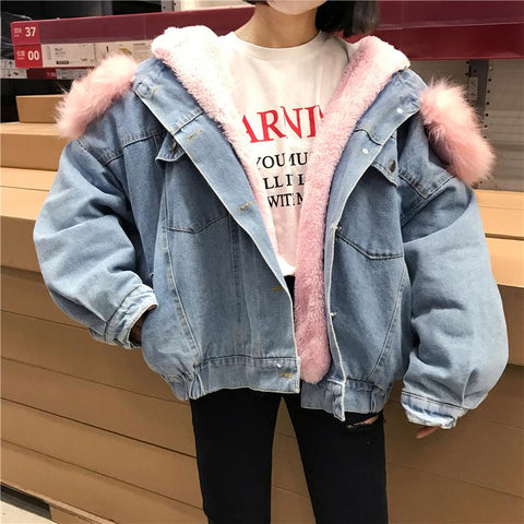 Denim Jacket With Fur Trim Hood