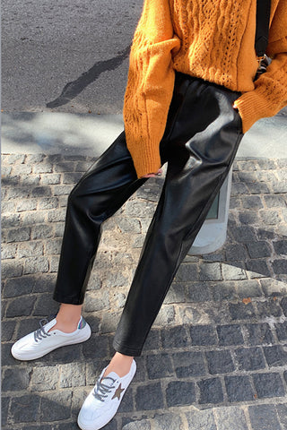 Elastic Waist Black Leather Pencil Pants