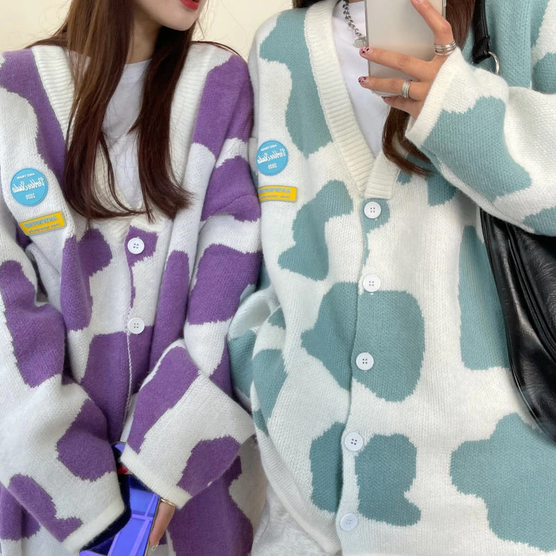 Cute Colors Cow Pattern Loose Cardigan Sweater