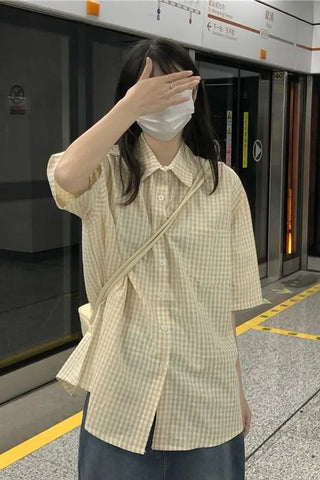 Short Sleeve Plaid Colors Blouse Shirt
