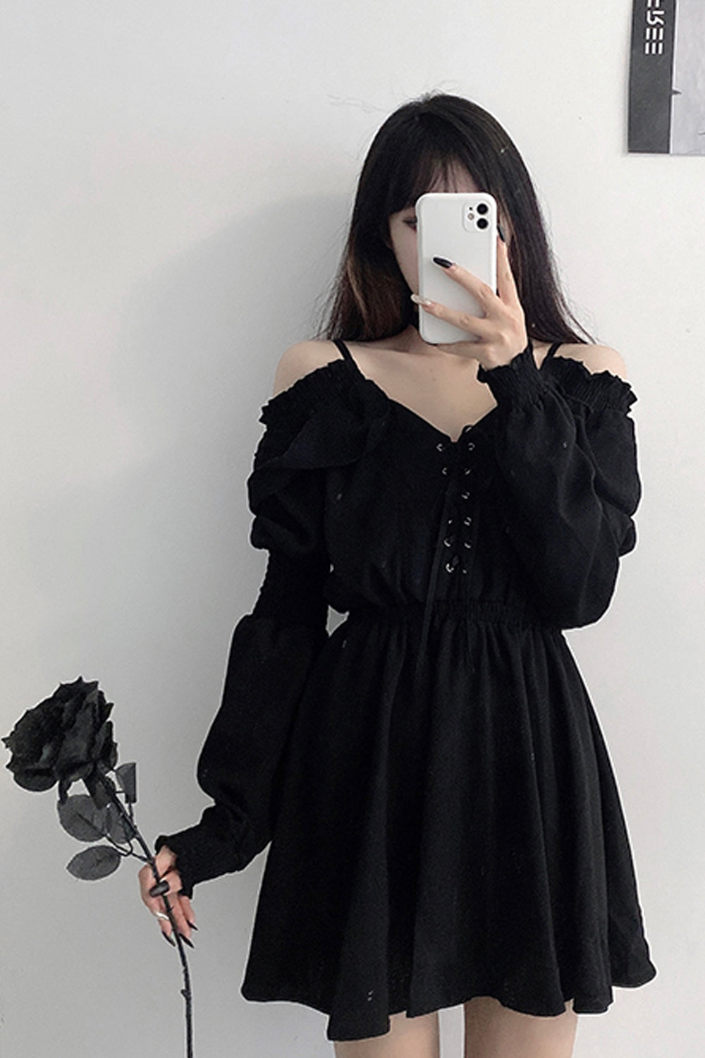 Long Sleeve Off Shoulder Gothic Black Dress – Omcne