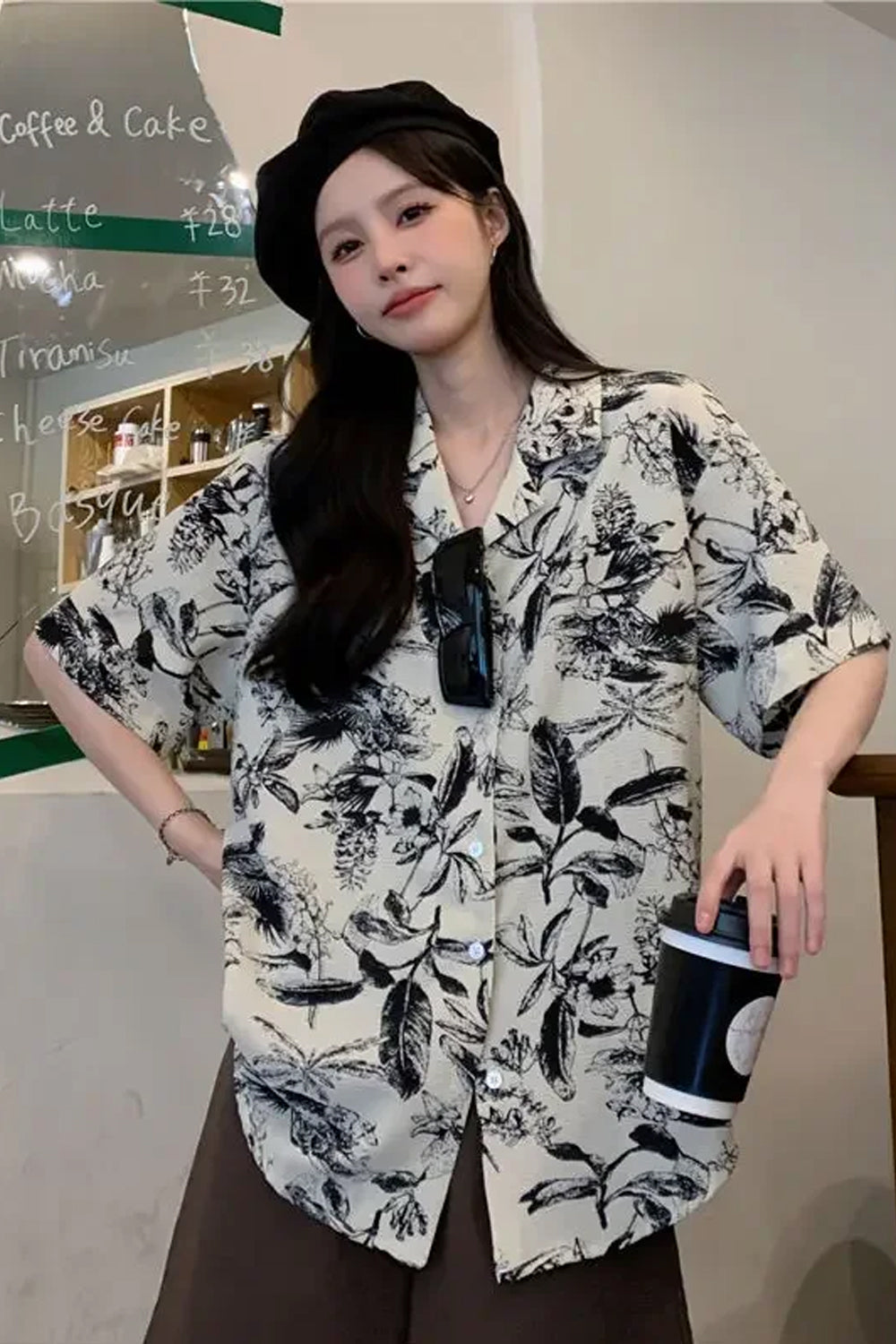 Short Sleeve Black Floral Printed Blouse Shirt