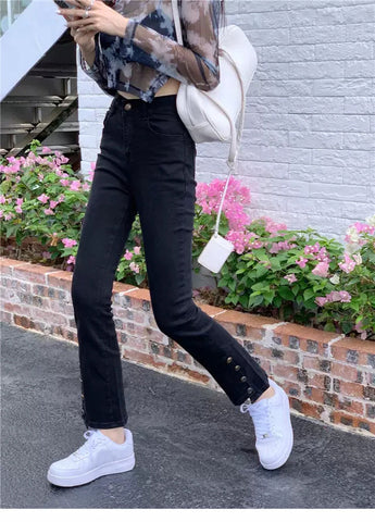 High Waist Slim Button Long Jeans Pants