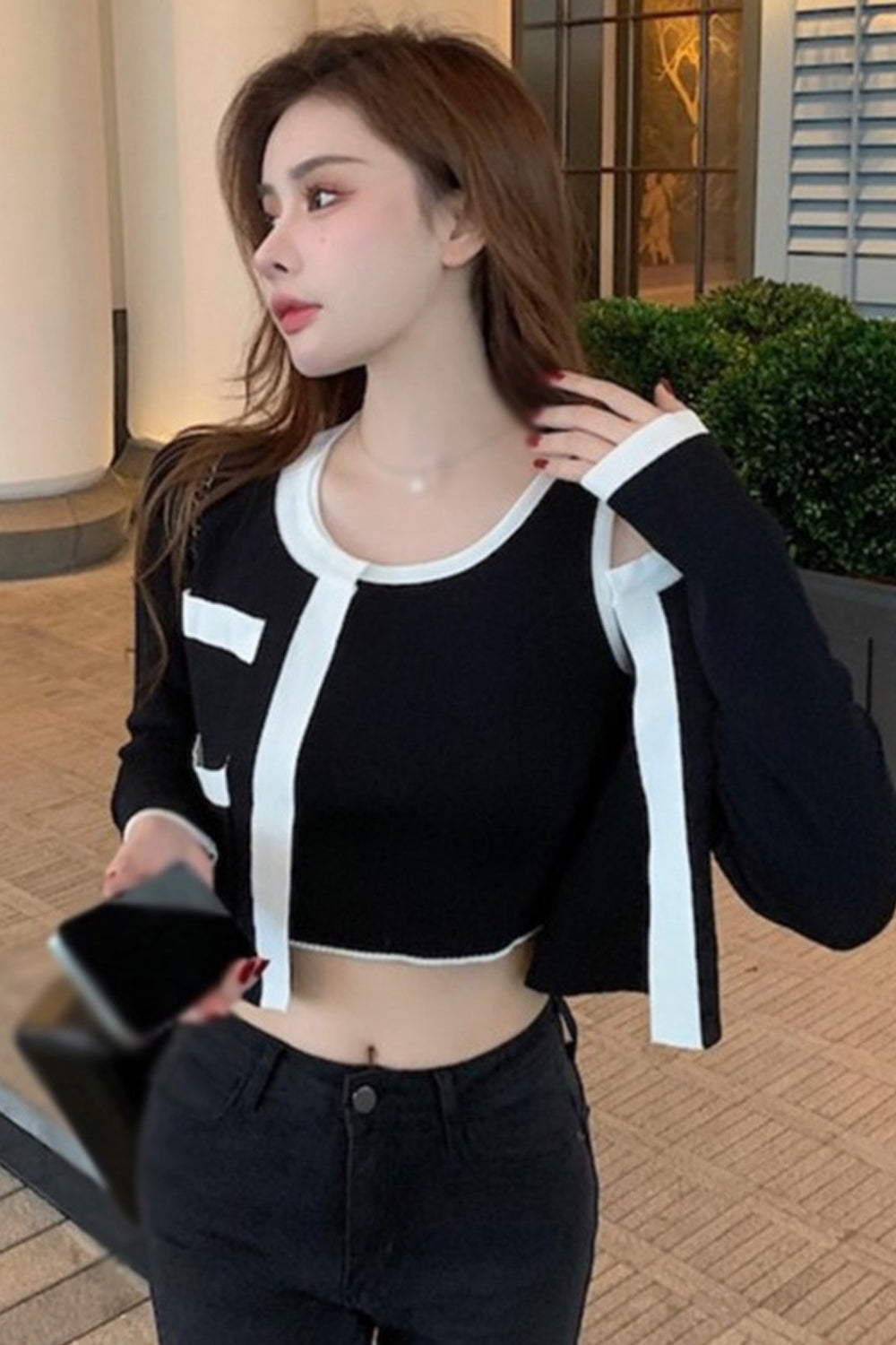 Long Sleeve Color Block Thin Cardigan Set