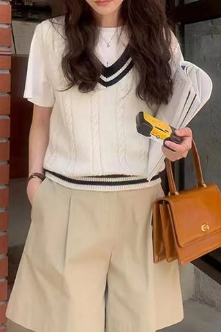 V-Neck Collar Striped Sleeveless Sweater