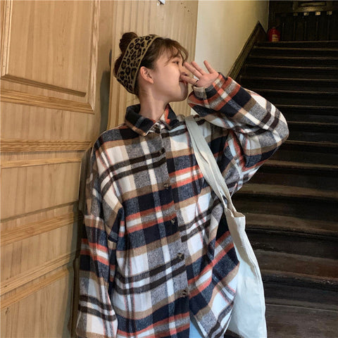 Korean Plaid Single Breasted Oversize Shirt