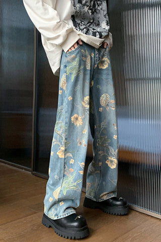 High Waist Loose Flowers Pattern Men Jeans Pants