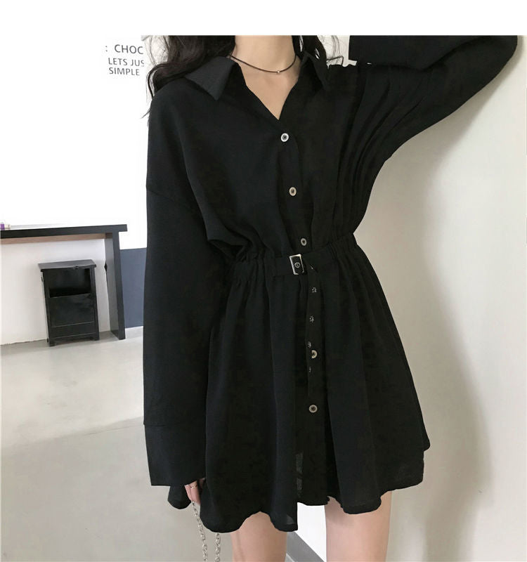 Long Sleeve Turn Down Collar Button Dress