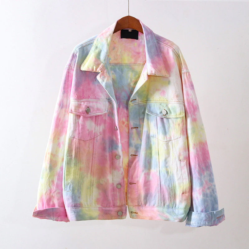 Chaqueta vaquera informal holgada con efecto tie-dye de arcoíris