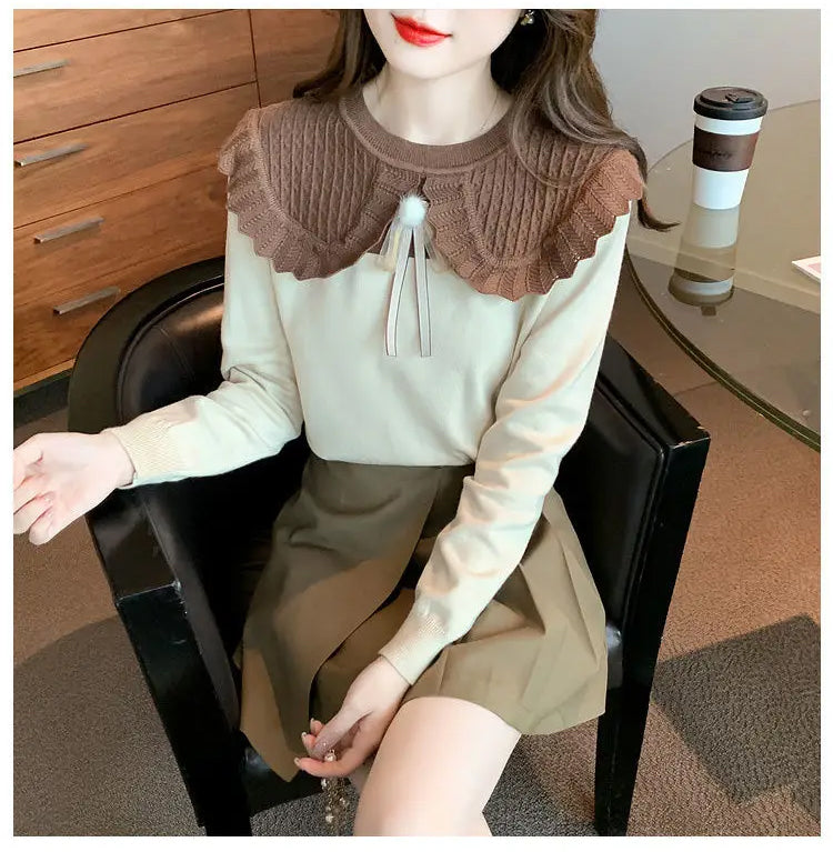 Bow Spliced Peter Pan Collar Slim Sweater