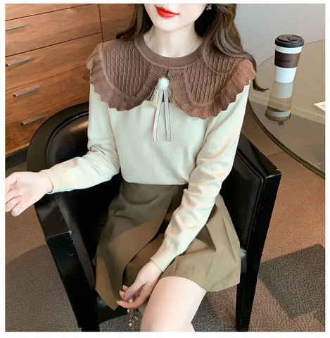 Bow Spliced Peter Pan Collar Slim Sweater