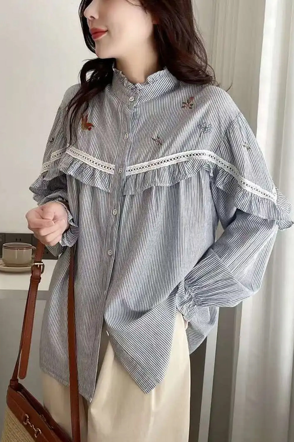 Long Sleeve High Neck Striped Blouse Shirt
