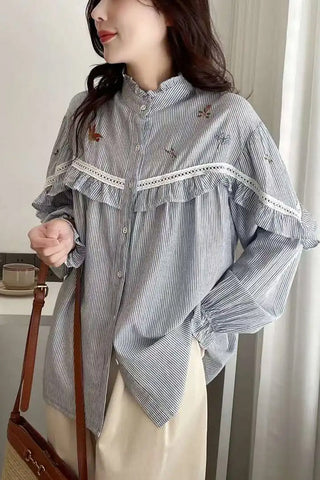 Long Sleeve High Neck Striped Blouse Shirt