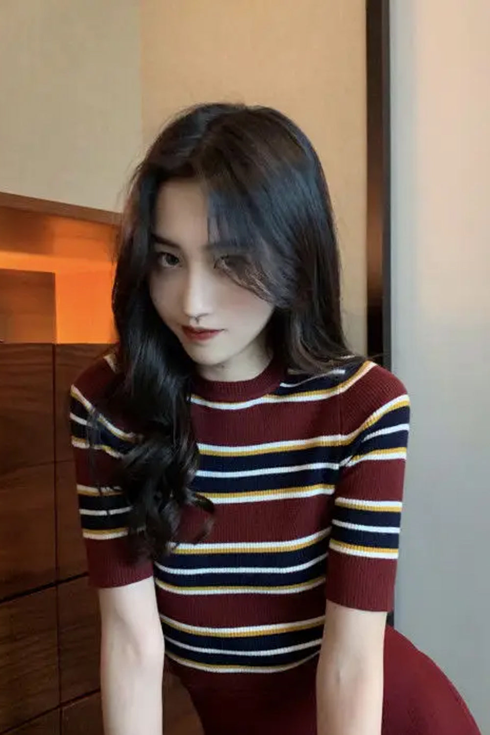 Short Sleeve O-Neck Stripped Slim Shirt