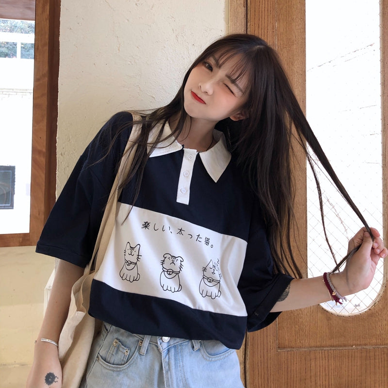 Loose Cat Japanese Printed Collar Shirt