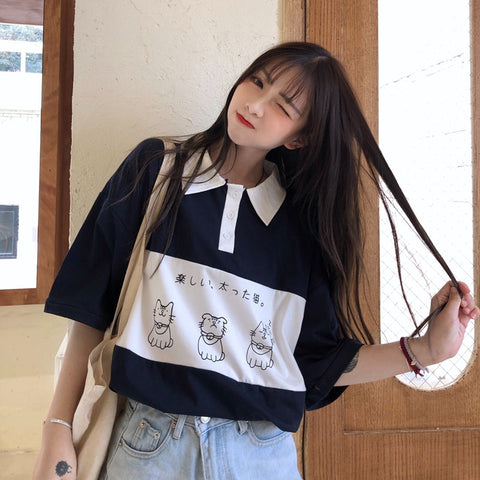 Loose Cat Japanese Printed Collar Shirt