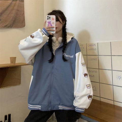 Bear Sleeve Printed Hooded Baseball Jackets