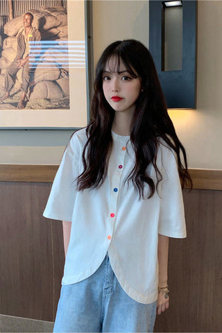 Colorful Buttons Short Sleeve Irregular Shirt