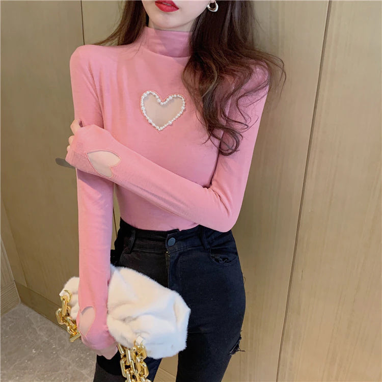 Pearl Heart Shaped Turtleneck Long Sleeve Sweater