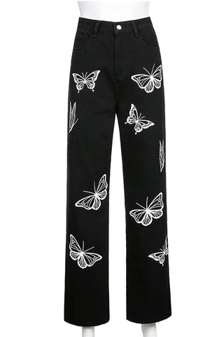 Pantalones vaqueros negros con estampado de mariposas casuales