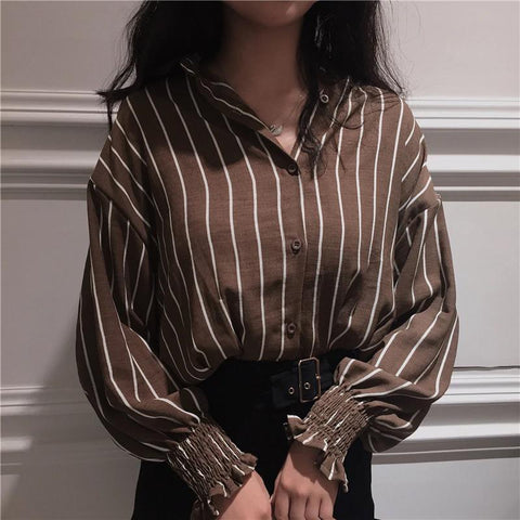 Vintage Striped Slim Stand Collar Shirt