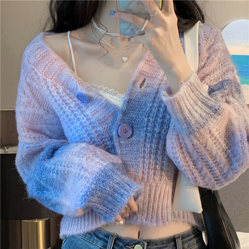 Retro Gradient Colors Crop Knitted Sweater