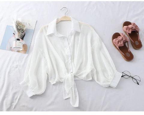 Elegant Half Sleeve Tied Transparent Blouse Shirt