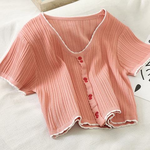 Button Up V-Neck Knitted Crop Tops