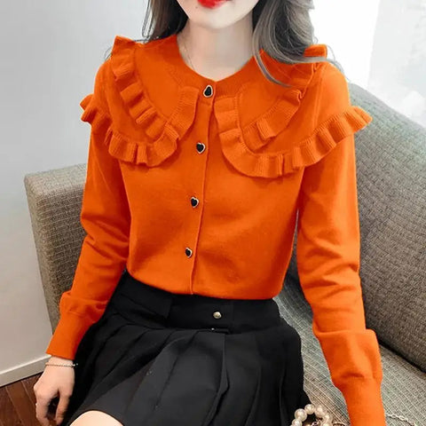 Solid Ruffles Peter Pan Collar Slim Sweater