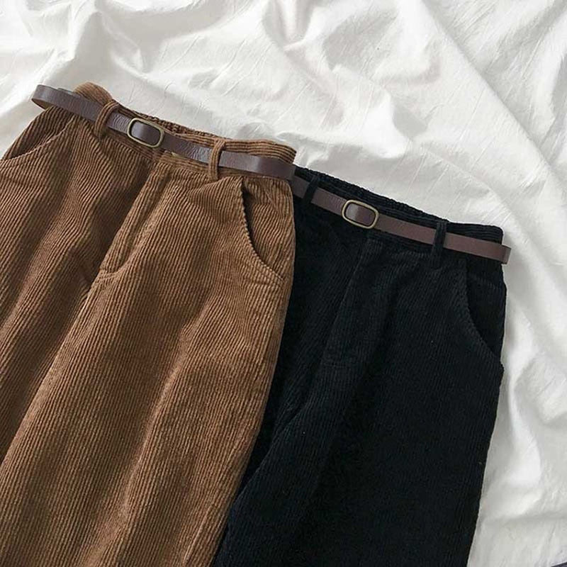 High Waist Wide Leg Corduroy Long Pants with Belt