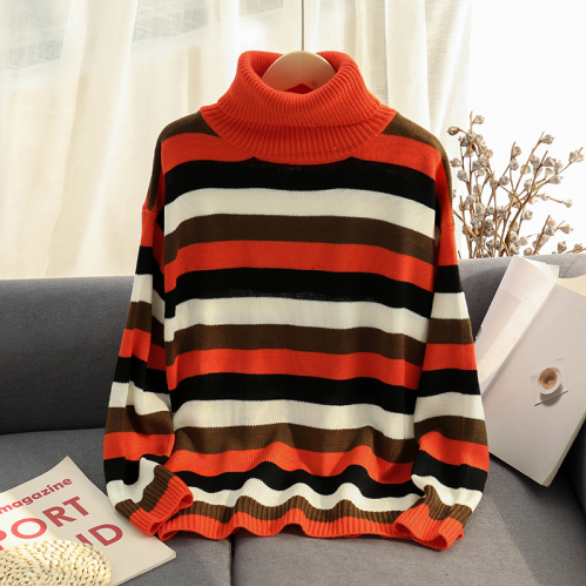 Turtleneck Contrast Color Striped Knitted Sweater