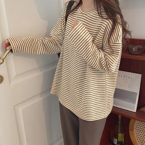Long Sleeve Coffee Colors Striped Loose Shirt