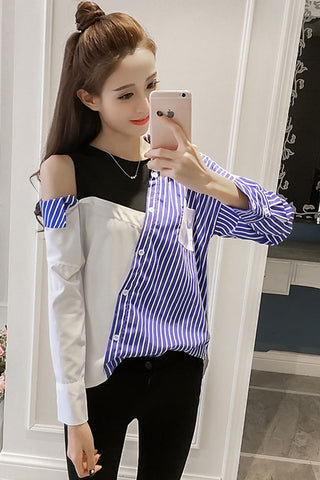 Long Sleeve Striped Cut Side Shoulder Blouse Shirt