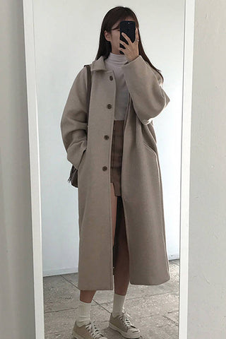 Simple Turn Down Collar Long Woolen Coat