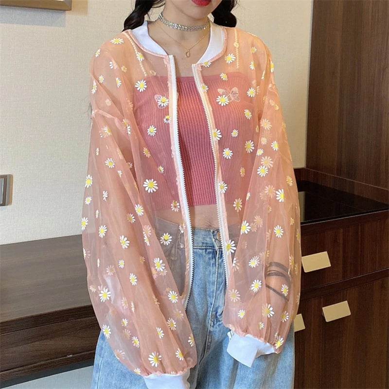 Daisy Flower Thin Transparent Casual Jacket