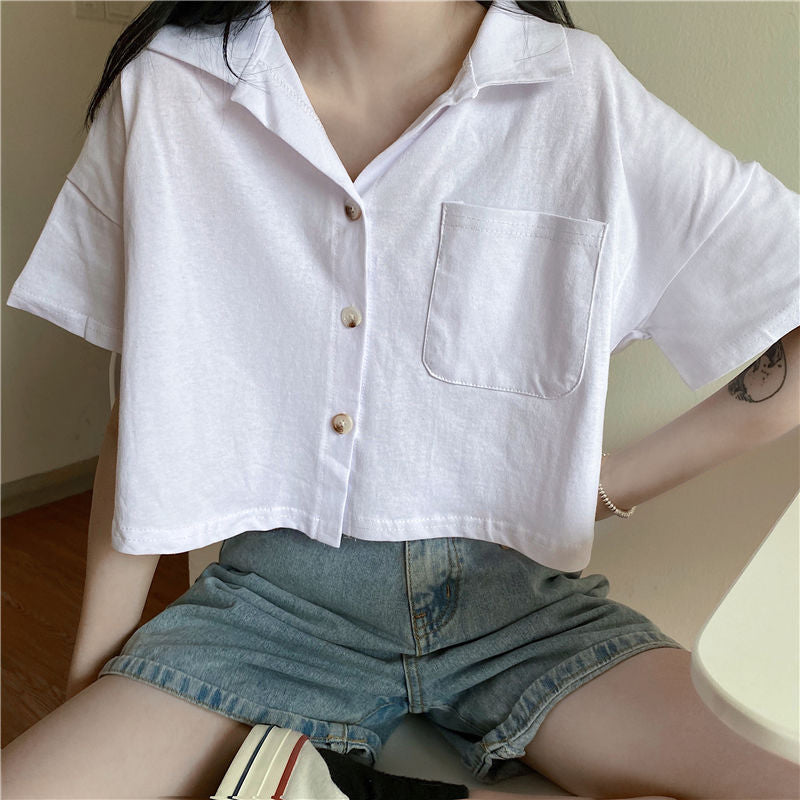 Turn Down Collar Loose Cropped Shirt