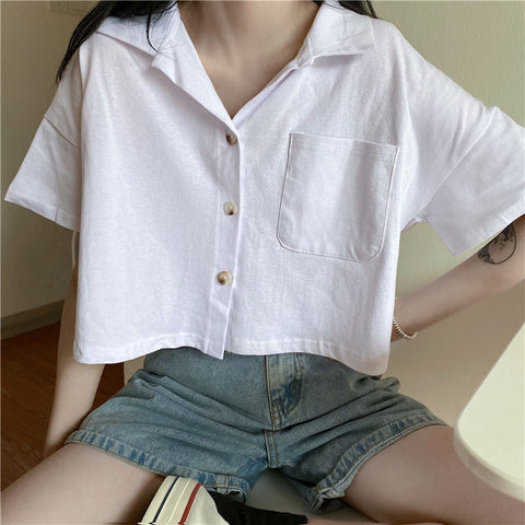 Turn Down Collar Loose Cropped Shirt