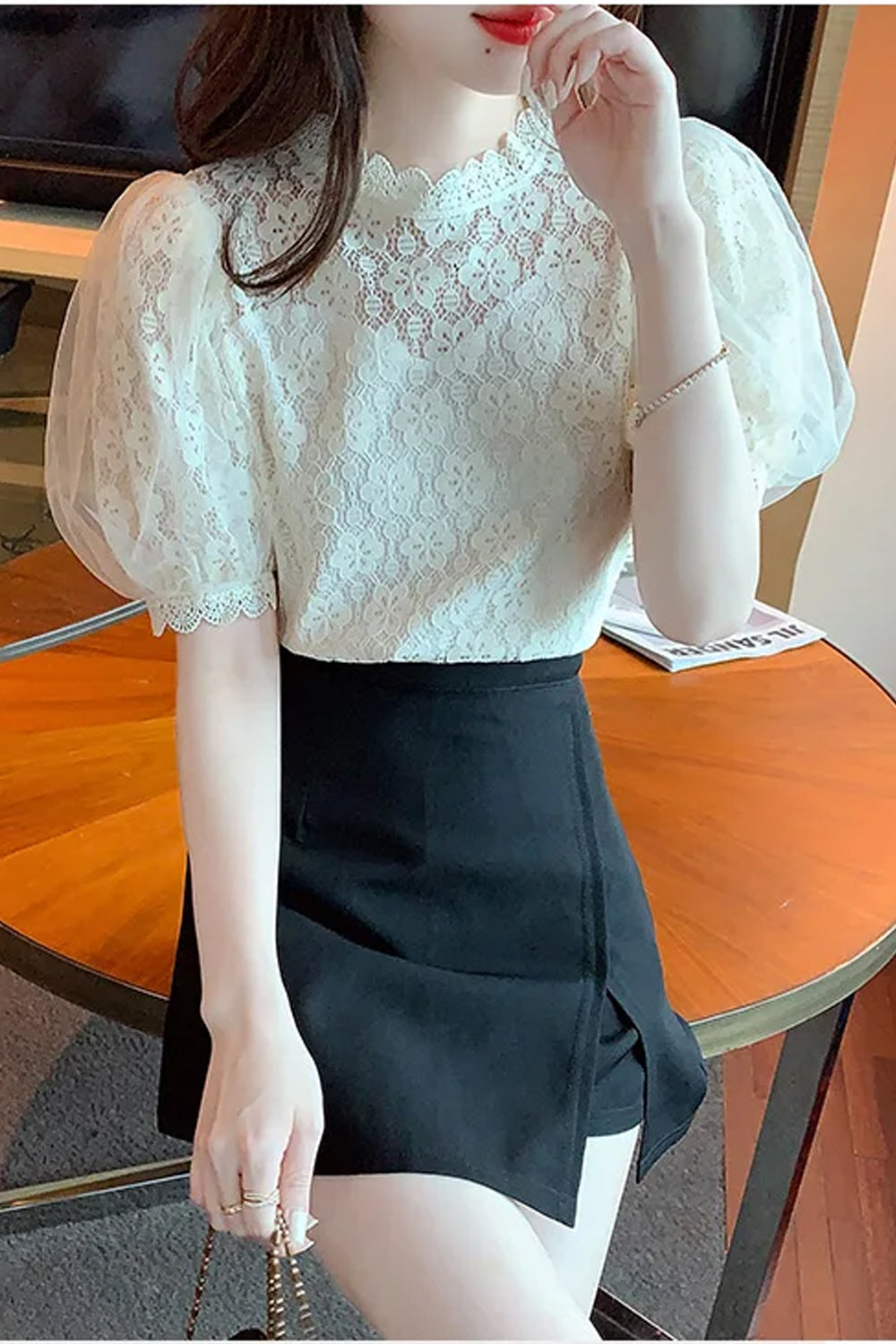 Short Sleeve Lace Hollow Out Blouse Shirt