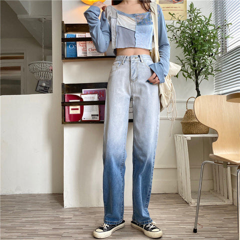 High Waist Blue Gradient Color Jeans Pants