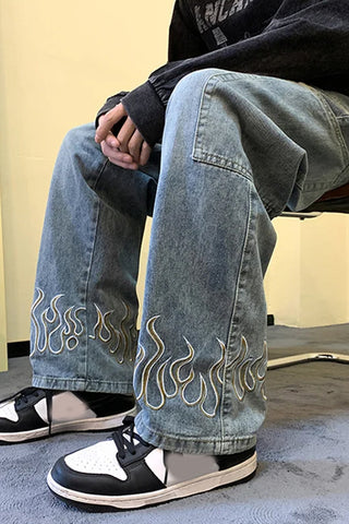 Lange Hip-Hop-Jeans mit Flammenmuster 