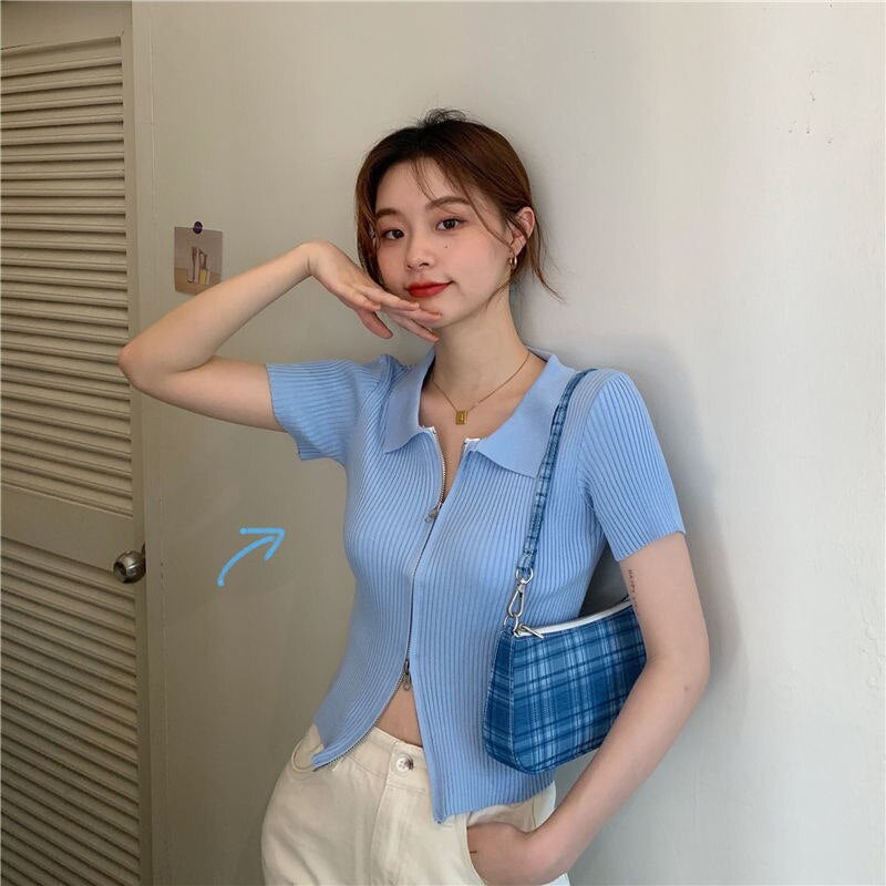 Short Sleeve Casual Zipper Knitted Blouse Shirt