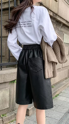 High Waist Elastic Casual Leather Shorts