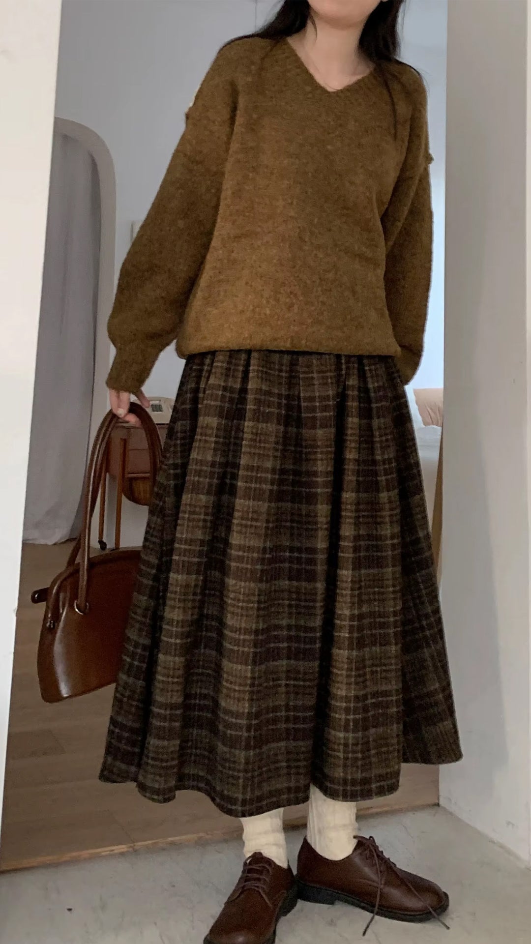 Vintage A-Line Woolen Thick Long Plaid Skirts