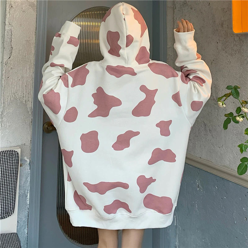 Loose Cow Pattern Hooded Jacket