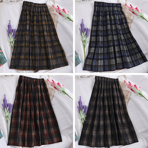 Solid Retro Plaid Pleated Elastic Waist Skirts